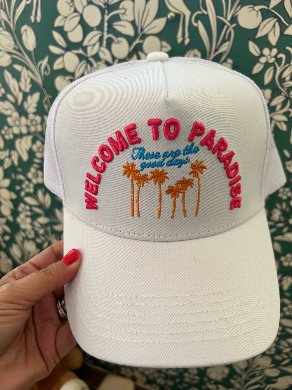 White Trucker Hat with Pink 'Welcome to Paradise' Embroidery new Kenzkustomz